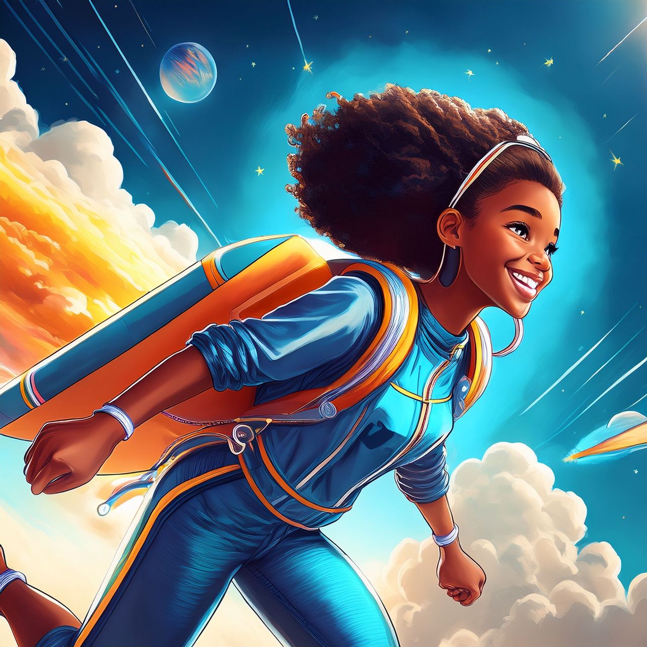 Illustration of a smiling girl flying through space on an orange rocket pack